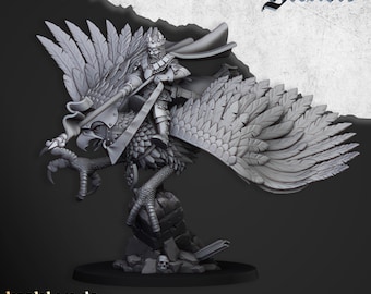 May include: A gray, detailed miniature of a king riding a griffin. The king is wearing a crown and armor, and the griffin has large wings and sharp talons. The miniature is set on a base with a stone texture. The text "Gallia" is visible in the upper right corner of the image.