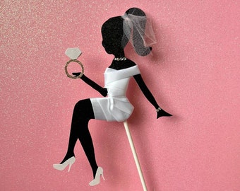 bride silhouette cake topper, bride cake topper, bachelorette cake topper, silhouette cake topper, lady sitting silhouette with ring topper