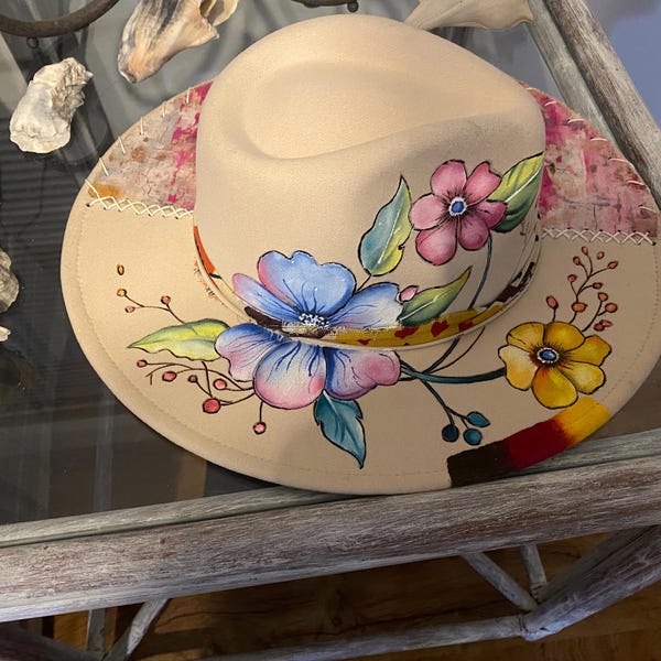 Floral themed custom hand painted hand burned fedora western festival hat.