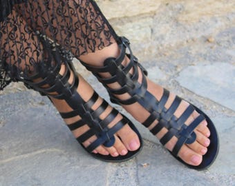 Sandalias de gladiador de cuero negro: piel de vaca griega hecha a mano, talla de mujer 36-43