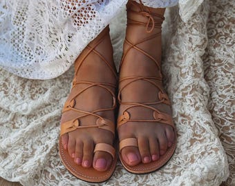 Frauen griechischen Leder Sandalen Festos - natürliche Farbe