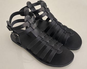 Sandalias negras de cuero griego para hombre – Sandalias gladiadoras con tiras hechas a mano / Zapatos minimalistas de verano / ELOS