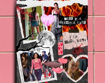 Puede incluir: Un collage con imágenes de personas, una luna llena y texto. El texto incluye "girls", "Hell is a Teenage Girl" e "I Go Both Ways". El collage tiene un fondo oscuro con detalles en rojo y blanco, y un corazón rosa.