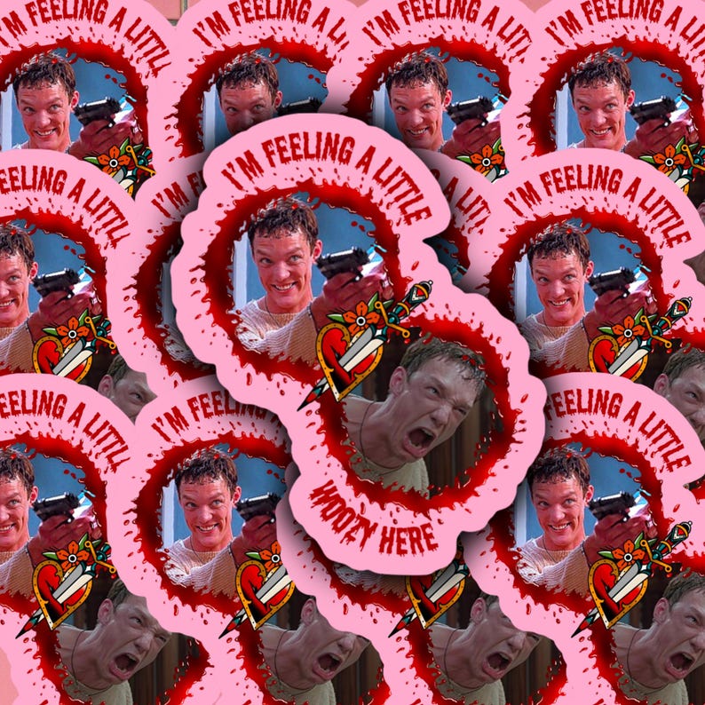 May include: A set of pink and red stickers featuring a man with a gun and the text "I'm feeling a little woozy here".