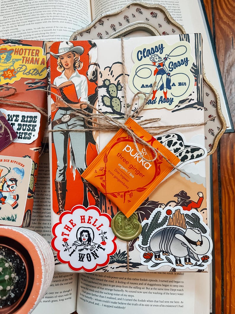 May include: A wrapped book with a variety of colorful stickers, including a sticker that says "Hotter Than a Pistol", a sticker that says "Classy Sassy and a Bit Bad Assy", and a sticker that says "The Hell I Won't". There is also a small orange tea bag with the text "pukka three ginger organic/bio Drei Ingwer trois gingembres".