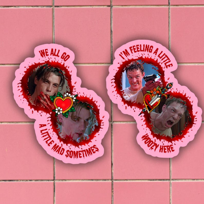 May include: Two stickers with red blood splatter and a heart with a dagger. The first sticker features a man with blood on his face and the text "We all go a little mad sometimes". The second sticker features a man holding a gun and the text "I'm feeling a little woozy here".