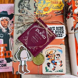 May include: A wrapped book with a brown paper cover and a variety of stickers. The stickers feature a cowboy frog, a woman with a gun, and a cowboy riding a horse. The book is tied with twine and has a tea bag attached to it.