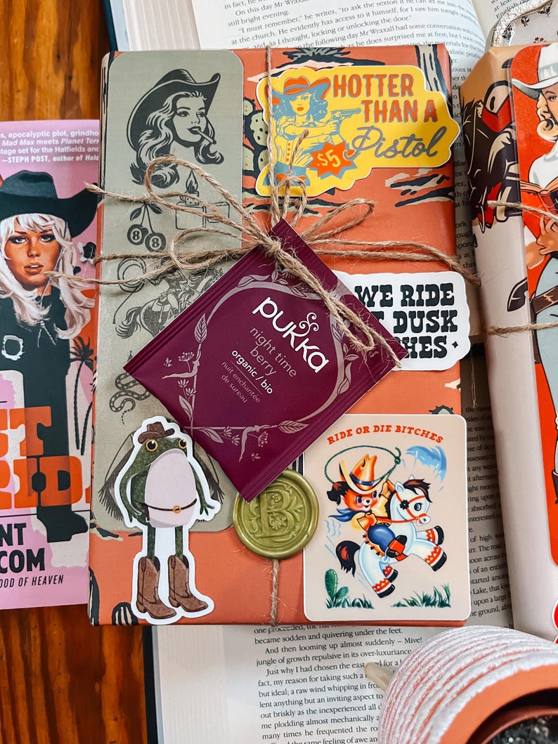May include: A wrapped book with a brown paper cover and a variety of stickers. The stickers feature a cowboy frog, a woman with a gun, and a cowboy riding a horse. The book is tied with twine and has a tea bag attached to it.