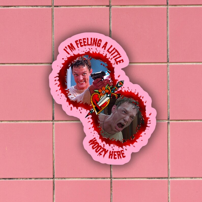 May include: A pink sticker with a red blood splatter design. The sticker features two images of a man from the movie "American Psycho". The text on the sticker reads "I'm feeling a little woozy here".