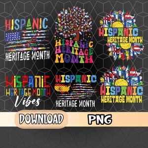 Pode incluir: Quatro designs digitais com uma variedade de bandeiras coloridas e o texto "Hispanic Heritage Month". Os designs incluem uma árvore com bandeiras para folhas, um girassol com bandeiras para pétalas e duas bandeiras americanas com bandeiras para listras.