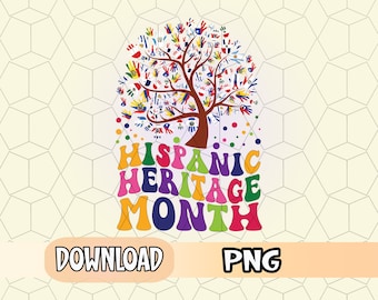 Puede incluir: Un árbol colorido hecho de huellas de manos con banderas de países hispanos. El árbol está rodeado de confeti y el texto "HISPANIC HERITAGE MONTH" en colores arcoíris.