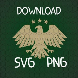 Könnte beinhalten: Eine beige Adlergrafik mit ausgebreiteten Flügeln und drei Sternen darüber, vor einem dunkelgrünen Hintergrund mit sechseckigem Muster. Die Wörter "DOWNLOAD", "SVG" und "PNG" sind in Weiß.