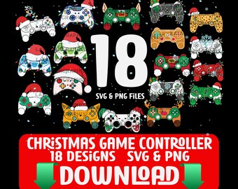 May include: A set of 18 Christmas-themed game controller designs. The designs feature a variety of colors, including red, green, gold, and white. Each controller is decorated with Christmas lights and other festive elements. The text "18 DESIGNS SVG & PNG" and "DOWNLOAD" is also included in the image.