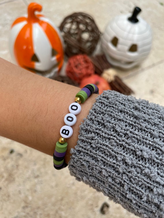 Boo Halloween Bracelet Black, Purple, and Green Clay Beads STRETCHY 
