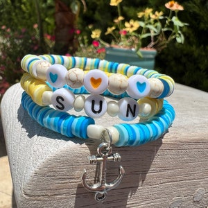 3 Beaded Blue/Yellow Bracelets Clay, Heishi & Semi Precious Beads STRETCHY (water proof)
