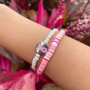 Pink cancer bracelets Clay/Glass Beads Set of 2 - pinks, white and cancer charm