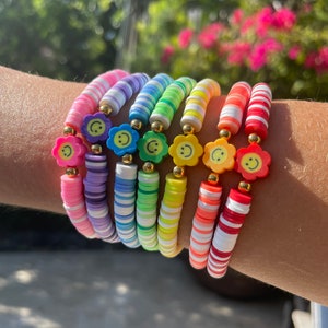 YOU PICK! - Preppy Smiley Face Clay Bracelets, Heishi.  -  Aesthetic/Colorful/Neon/Rainbow - STRETCHY ( water proof )