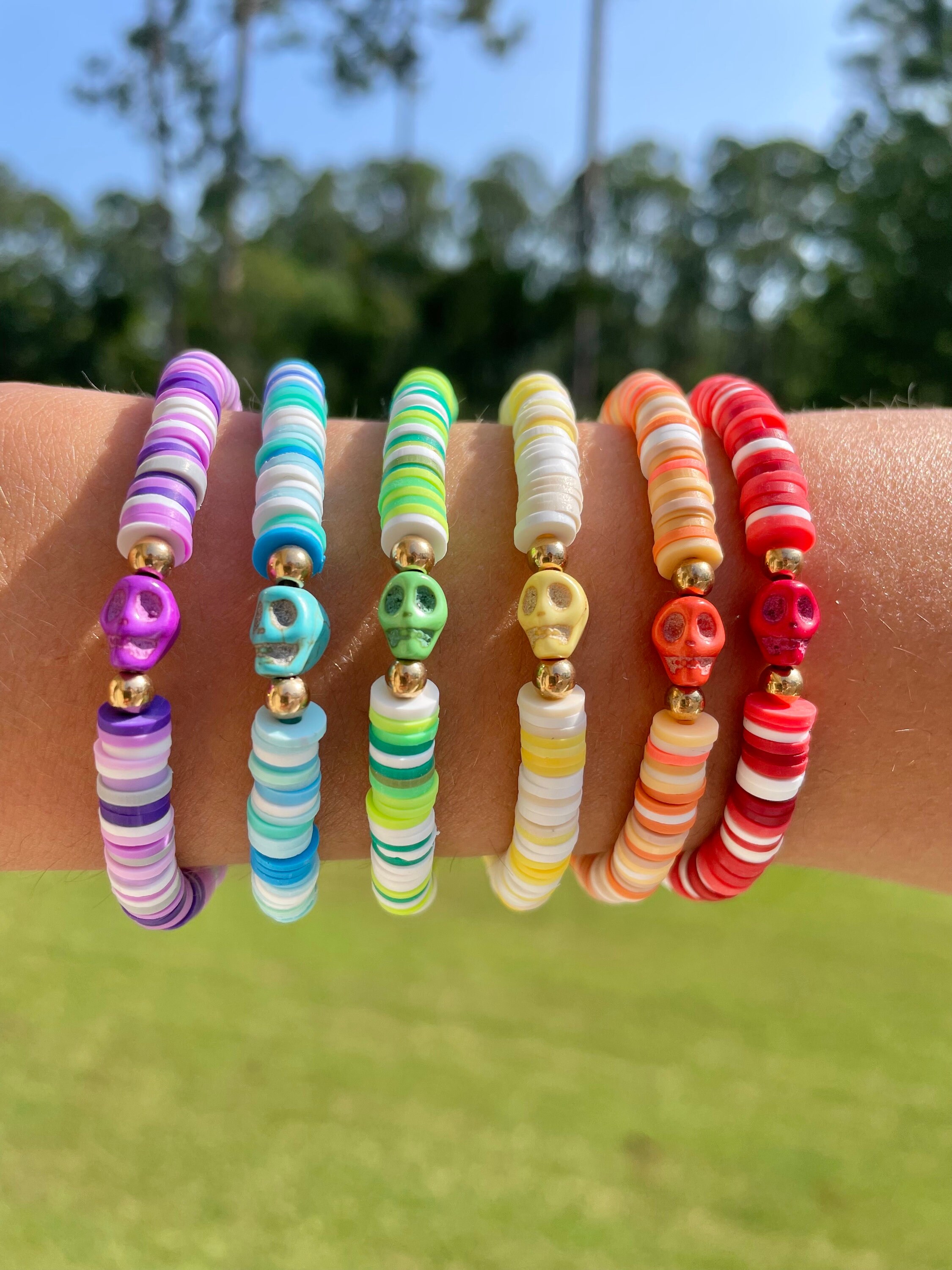 YOU PICK! - Colorful Skull Face Theme Clay Bracelets, Heishi