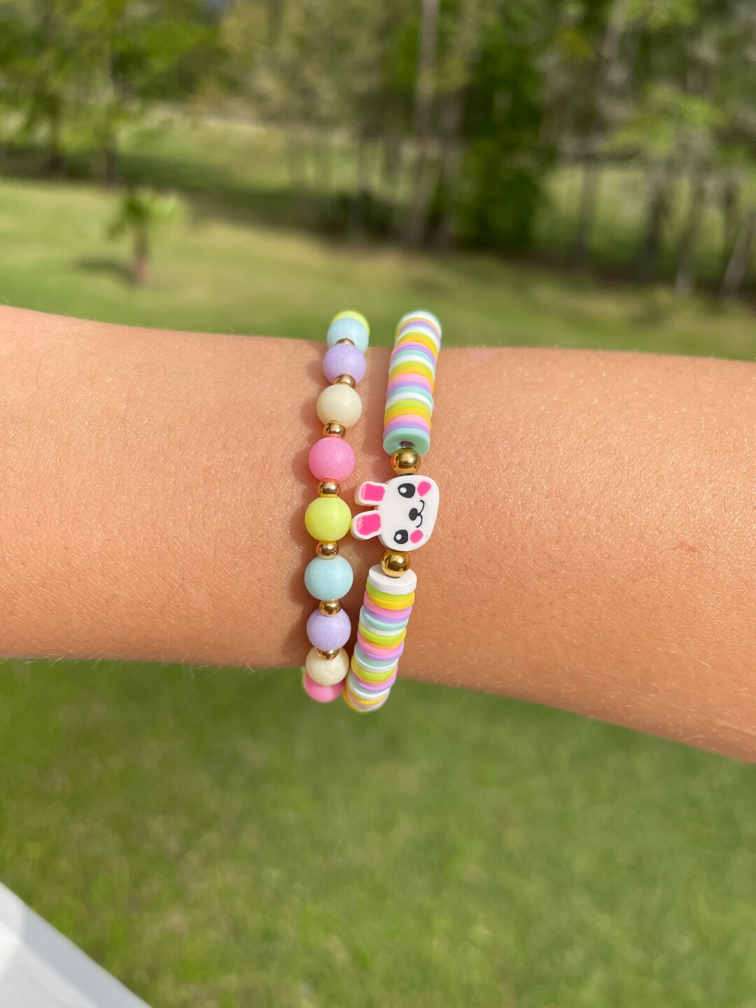 Easter/spring Cute Bunny Bracelets Set of 2 Clay Bead Pink, Purple