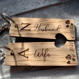 Husband & Wife Keyring Pair, Hubby Wifey, Personalised Wood Keyring, Mr and Mrs, Date Keyring, Wedding Gift, Initials, Wood Anniversary