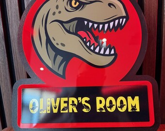 Personalised T-Rex Dinosaur Door / Wall Sign: Custom Wood & Acrylic Name Plaque