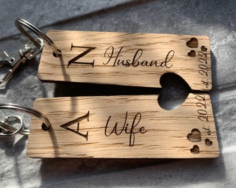 Husband & Wife Keyring Pair, Hubby Wifey, Personalised Wood Keyring, Mr and Mrs, Date Keyring, Wedding Gift, Initials, Wood Anniversary