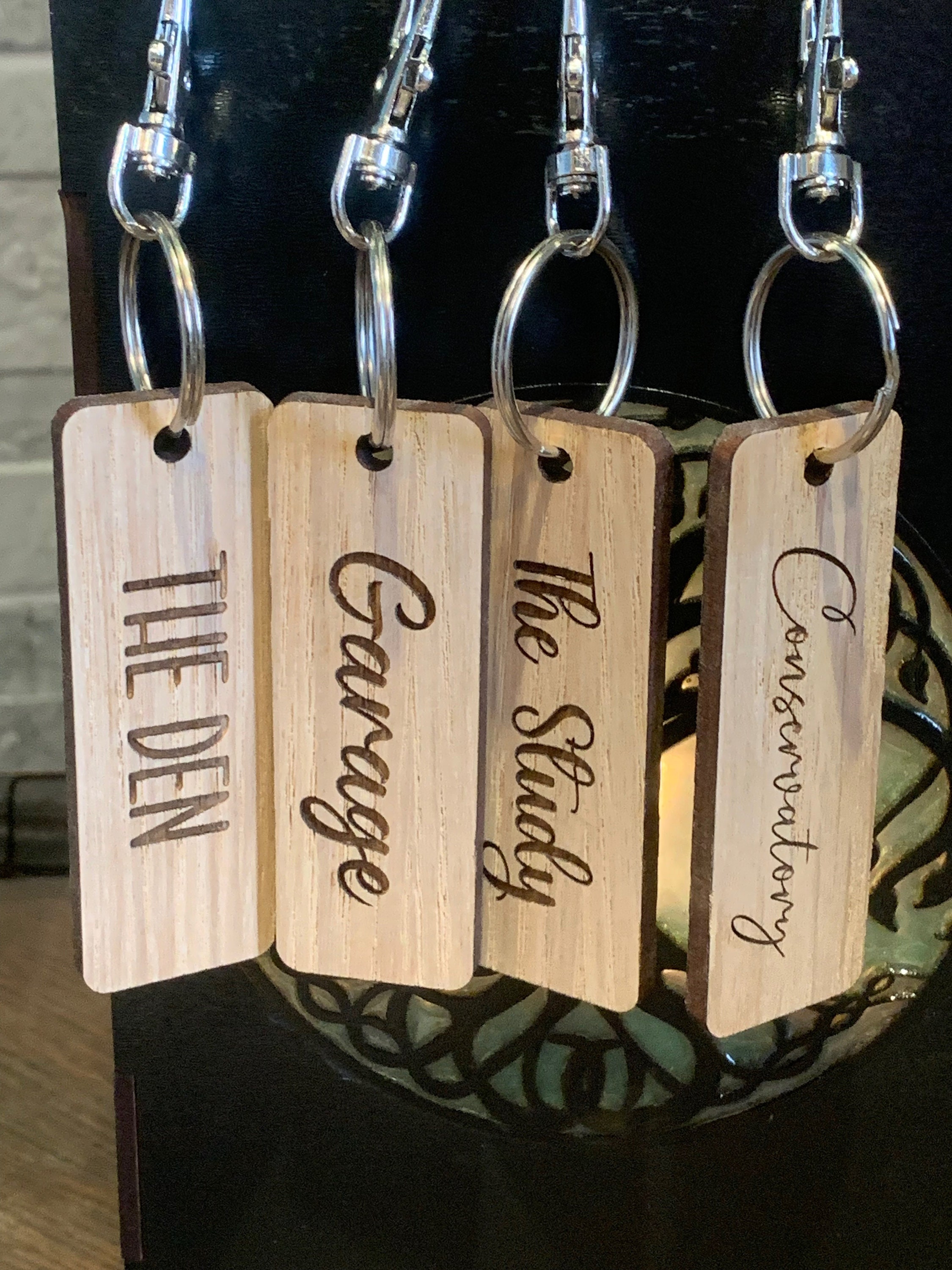 Personalised Wood Keyring, Oak, Custom Text, New Home, Engraved Keyring ...