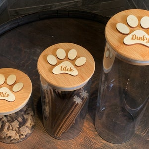 Personalised Pet Treat Jar, Glass Storage Canister, Paw Print, Air Tight, Bamboo Lid, Dog Treats, Pet Gift, Dog Biscuits, Various Sizes