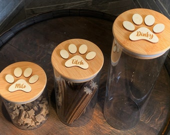 Personalised Pet Treat Jar, Glass Storage Canister, Paw Print, Air Tight, Bamboo Lid, Dog Treats, Pet Gift, Dog Biscuits, Various Sizes