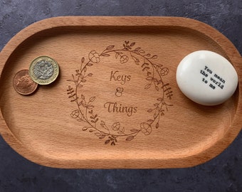 Personalised Solid Beech Wood Trays, 6 designs, custom text, Keys & Things, Coffee Tray, Tea and Biscuits, Tea Tray, Jewellery Tray, Trinket