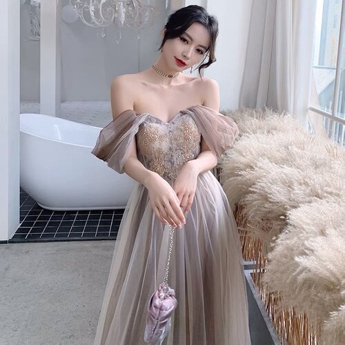 Simple shops Gray Bridesmaid Dress,Tulle Prom Dress