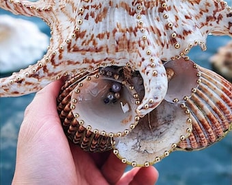 Soporte para joyas hecho a mano con conchas marinas naturales - Soporte para joyas de concha - Exhibidor de anillos, pulseras y collares, decoración de tocador playero
