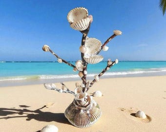 Concha marina, pieza única, árbol decorativo único, guirnalda de luces, árbol de luces hecho a mano, lámpara LED, luz brillante, decoración de concha marina.