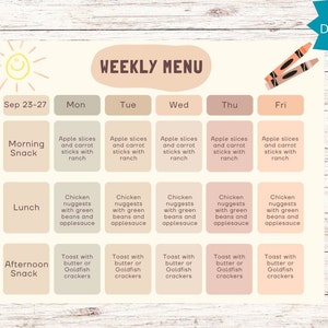 Tygodniowe menu do wydrukowania w żłobku, Menu posiłków w żłobku, edytowalne menu dla przedszkolaków, tygodniowy planer menu w żłobku, Wypełnialny plik PDF do wydrukowania, Opieka nad dziećmi