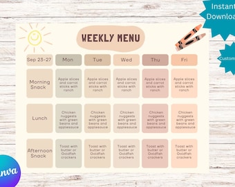 May include: A printable weekly menu planner with a peach background and a sun graphic. The menu is divided into five days of the week: Monday, Tuesday, Wednesday, Thursday, and Friday. Each day has three meal slots: Morning Snack, Lunch, and Afternoon Snack. The menu includes sample meal ideas for each slot.