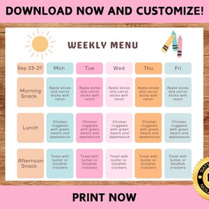 Pode incluir: Um planificador de menu semanal imprimível com um esquema de cores rosa, azul e laranja. O menu inclui uma seção para lanche da manhã, almoço e lanche da tarde. Os dias da semana são listados no topo, e as datas são listadas no canto superior esquerdo. O texto "DOWNLOAD NOW AND CUSTOMIZE!" está no topo da página, e o texto "PRINT NOW" está na parte inferior da página.