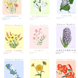 Flower Market Set of 9 Prints, Botanical Poster, Flower Market Wall Set, Botanical Wall Art, Digital Art Print Set, Flower Market Print