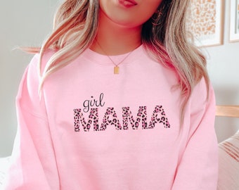 Girl Mama Sweatshirt, Leopard Print Mama Shirt, Pink Girl Mom Crewneck, Mothers Day Gift for Sister, Cheetah Mom of Daughters Shirt for Her