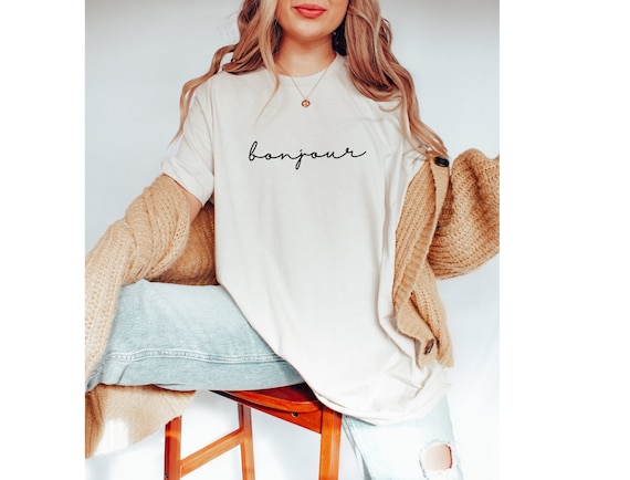 Bonjour Script (White) T-Shirt For Lovers Of France Bonjour Script (White) T-Shirt For Lovers Of France