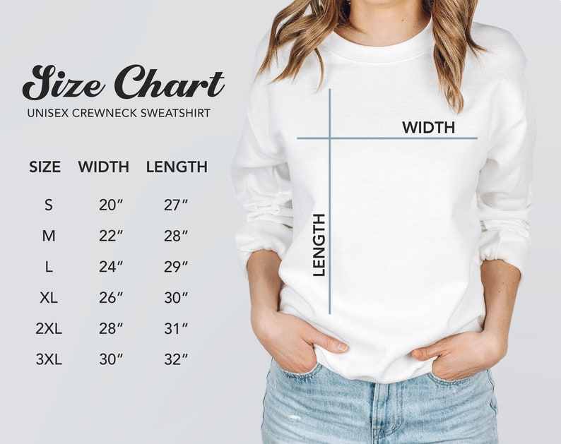 May include: Size chart for a unisex crewneck sweatshirt. The chart shows the width and length measurements in inches for sizes S, M, L, XL, 2XL, and 3XL.