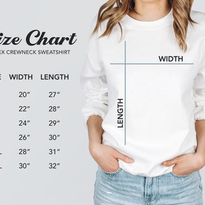May include: Size chart for a unisex crewneck sweatshirt. The chart shows the width and length measurements in inches for sizes S, M, L, XL, 2XL, and 3XL.