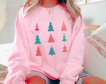 Christmas Tree Sweatshirt, Pink Christmas Sweater, Christmas Apparel, Cute Christmas Crewneck, Holiday Crew, Holiday Sweater for Women, Xmas