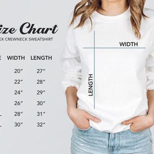 May include: Size chart for a unisex crewneck sweatshirt. The chart shows the width and length measurements in inches for sizes S, M, L, XL, 2XL, and 3XL.
