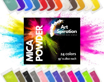 May include: A set of 24 mica powder colors in small resealable bags. Each bag contains 5 grams or 0.18 ounces of powder. The colors are arranged in two rows of 12. The packaging features the text "Mica Powder" and "Art Spiration Creation Made Simple".