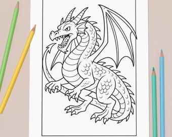 Dragon Coloring Page (8.5×12 PDF) – Instant Download, Fantasy Line Art Printable, Adult & Kids Coloring