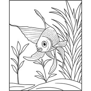 May include: Black and white line art illustration of a goldfish swimming among aquatic plants. The fish has detailed scales and flowing fins, with long, elegant tail fins. The plants are tall and slender, creating a natural underwater scene.