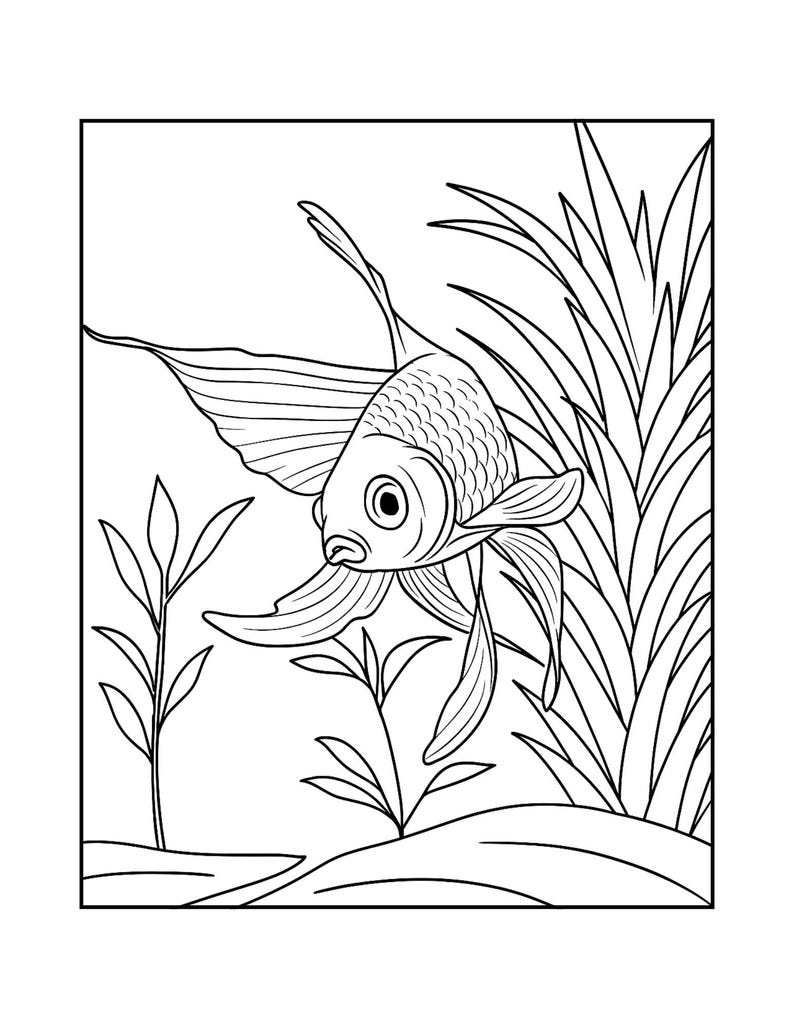 May include: Black and white line art illustration of a goldfish swimming among aquatic plants. The fish has detailed scales and flowing fins, with long, elegant tail fins. The plants are tall and slender, creating a natural underwater scene.