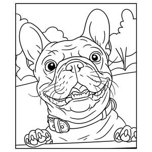 May include: Black and white line art illustration of a French Bulldog with a smiling expression. The dog is wearing a collar and appears to be leaning over a ledge. The background features stylized trees and clouds.