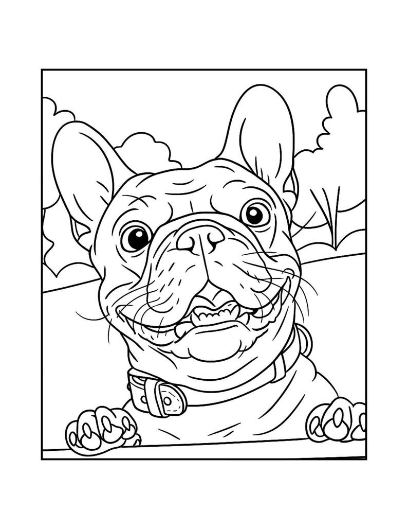 May include: Black and white line art illustration of a French Bulldog with a smiling expression. The dog is wearing a collar and appears to be leaning over a ledge. The background features stylized trees and clouds.