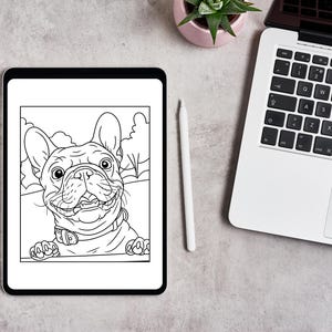 May include: A black and white illustration of a French Bulldog on a tablet. The dog is smiling, with its paws resting on a ledge. A white stylus and a laptop are also visible.